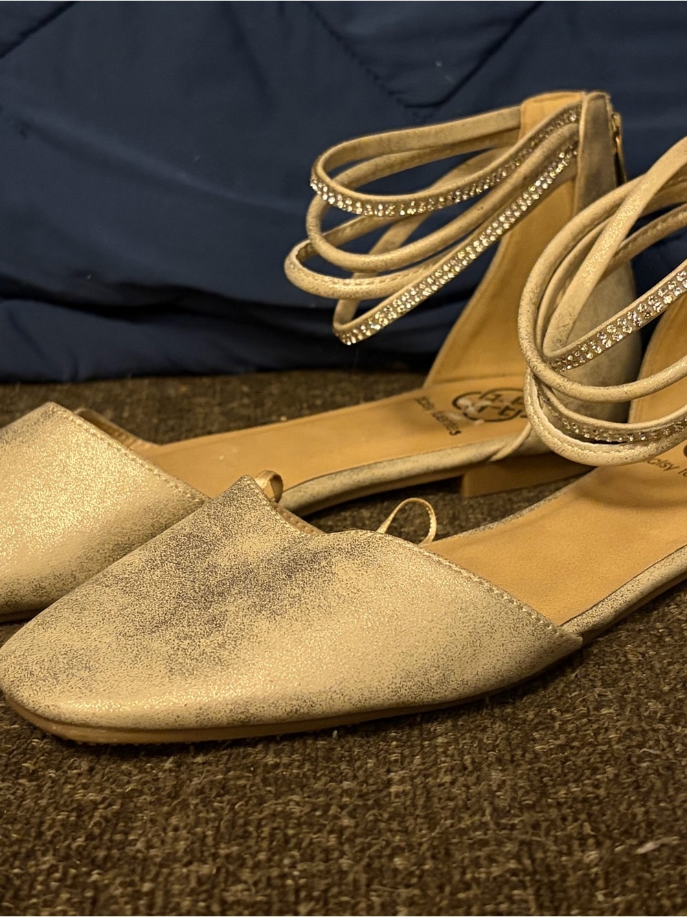 Daisy Fuentes Golden Metallic Flats with Rhinestone Double Strapped Ankles.